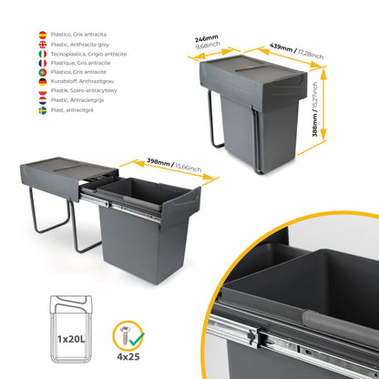 Emuca Ausziehbarer Recycling Küchenabfalleimer Unterbau 1x20L Anthrazit
