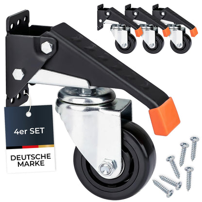 HMF 6750 Schwerlastrollen absenkbar für Werkbank, 4 Stück, 76 mm, schwarzer Polyurethan-Laufbelag und Fusshebel