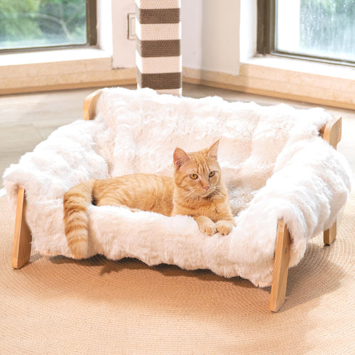 CheerPals Katzenbett aus Buchenholz, erhöht, 70 x 47 cm, bis 15 kg, Holzrahmen mit textiler Liegefläche
