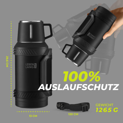 LEBENLANG Thermosflasche 1,5 Liter Edelstahl mit Becher und Teesieb