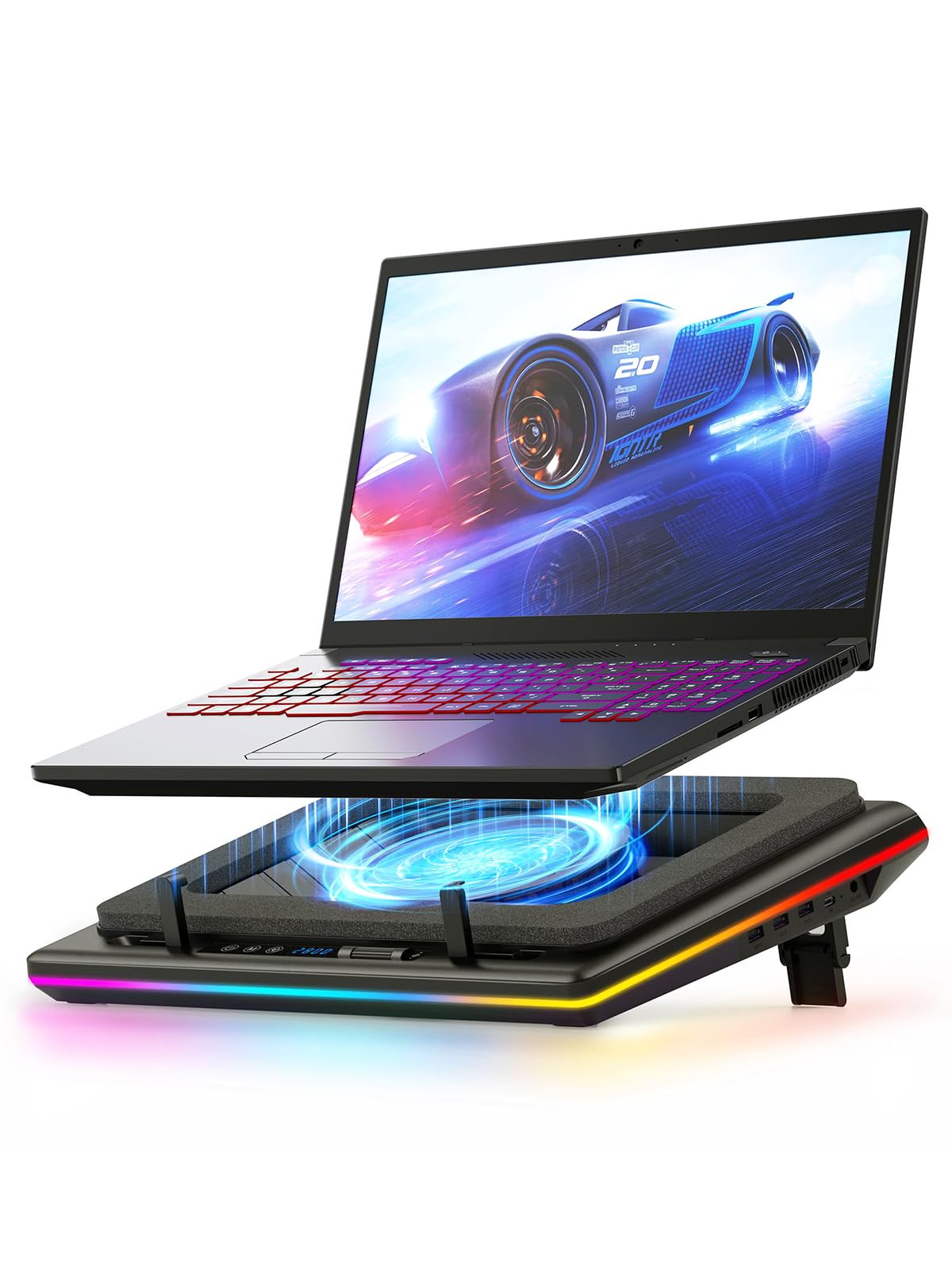 llano RGB Gaming Laptop Kühler - Turbo Lüfter 15-19''. Schwarze, rechteckige Basis mit RGB-Beleuchtung und mehreren Turbo-Lüftern. Optimiert die Wärmeableitung bei Gaming-Laptops.