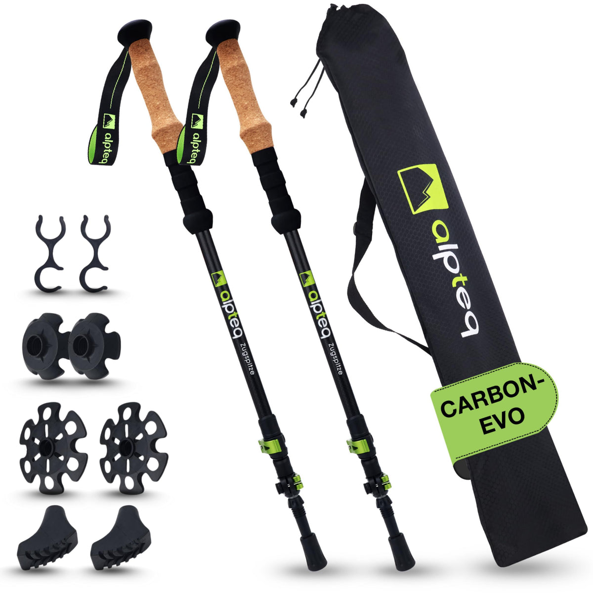 Alpteq Zugspitze Ultraleichte Carbon Trekkingstöcke – Grün. Grüne Carbon-Trekkingstöcke zur Unterstützung und Gelenkentlastung auf Wanderungen.