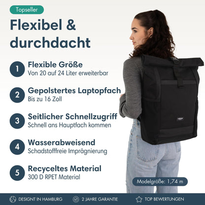 LARKSON Rolltop Rucksack No 2 Schwarz, Daypack mit 16 Zoll Laptopfach