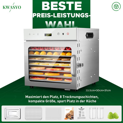 Kwasyo Dörrautomat Edelstahl, 8 Etagen mit 6er Dörrfolie, Rezeptbuch, BPA-frei, 30–90 ℃ Temperatureinstellung, max. 24 Stunden, Dörrautomat für Gemüse, Fleisch, Obst