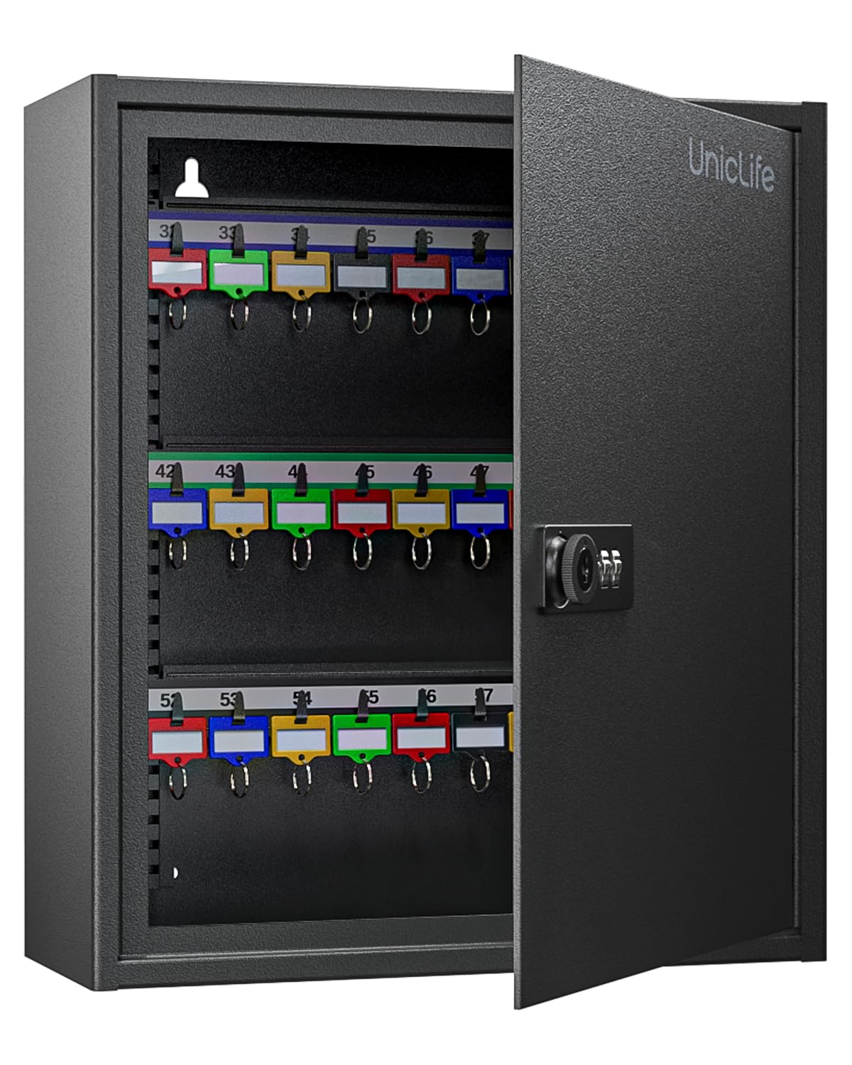 Uniclife Digitaler Schlüsselschrank 60 Positionen Kombi Schwarz. Schwarzer Schrank mit digitalem Kombinationsschloss zur sicheren Schlüsselaufbewahrung.