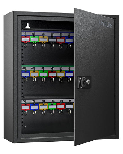 Uniclife Digitaler Schlüsselschrank 60 Positionen Kombi Schwarz. Schwarzer Schrank mit digitalem Kombinationsschloss zur sicheren Schlüsselaufbewahrung.