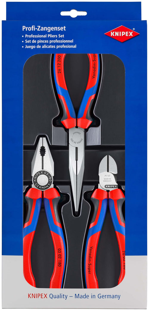 Knipex Montage-Paket 3-teilig Zangenset - 00 20 11. Drei Zangen mit roten Griffen für Greif-, Schneid- und Montagearbeiten.