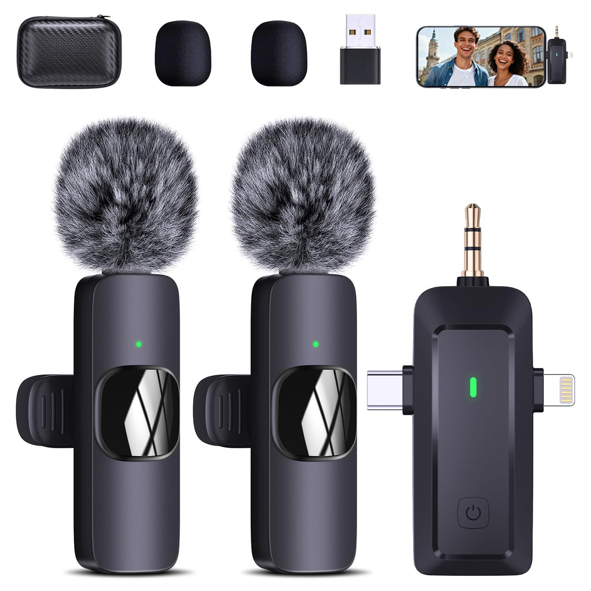 QINOJA K30 Wireless Lavalier Mikrofon mit 4-in-1 Empfänger, kompaktes Ansteckmikrofon für Handy, Kamera und Computer