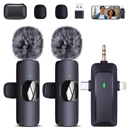QINOJA K30 Wireless Lavalier Mikrofon mit 4-in-1 Empfänger, kompaktes Ansteckmikrofon für Handy, Kamera und Computer