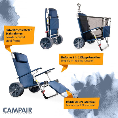 CampAir 2-in-1 Faltbarer Handwagen und Strandliege mit Rollen, blau