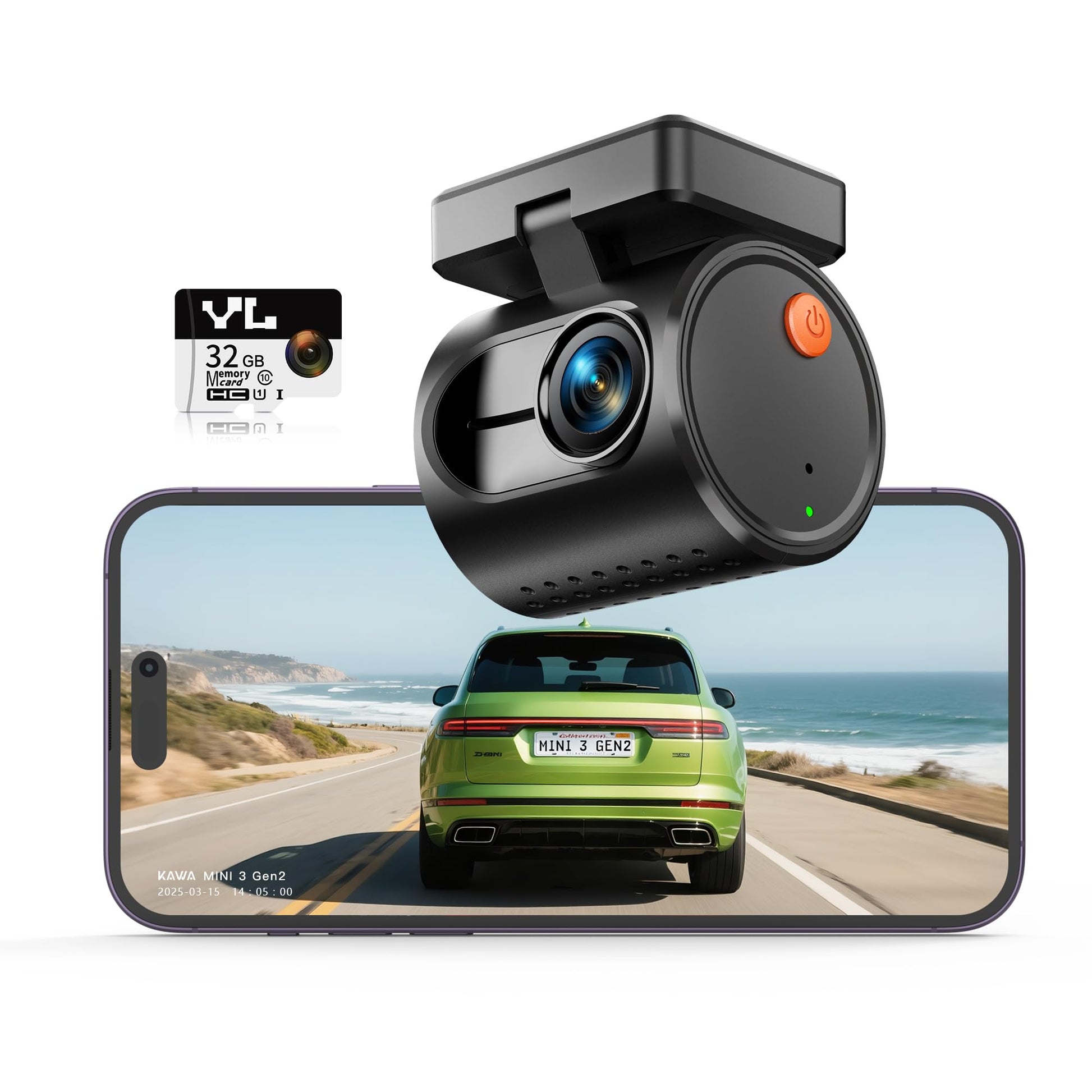 KAWA 2K 1296P QHD Mini Dashcam Auto - mit 32GB SD Karte. Schwarze, kompakte QHD-Dashcam zur Fahrzeugüberwachung und Fahrtenaufzeichnung.