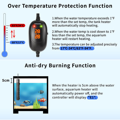 HiTauing Aquarium Heizung 500W Tauchheizung für Salz- und Süsswasser