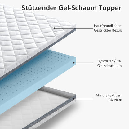 BedStory Gel Matratzentopper 180x200 cm, H3/H4, 7,5 cm hoch