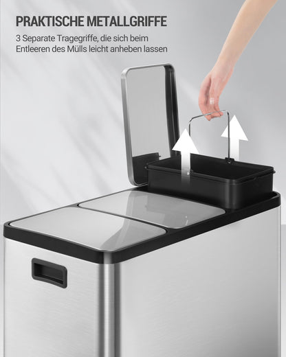 Hzuaneri Mülleimer Küche 3 x 15 L, Edelstahl Tretmülleimer Silber