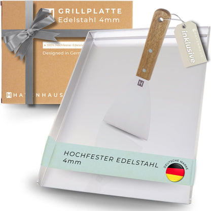 HAVENHAUS Massive Plancha Grillplatte – Edelstahl 40x30cm. Rechteckige, massive Edelstahl-Platte zum Braten und Grillen von Speisen auf jedem Grill.