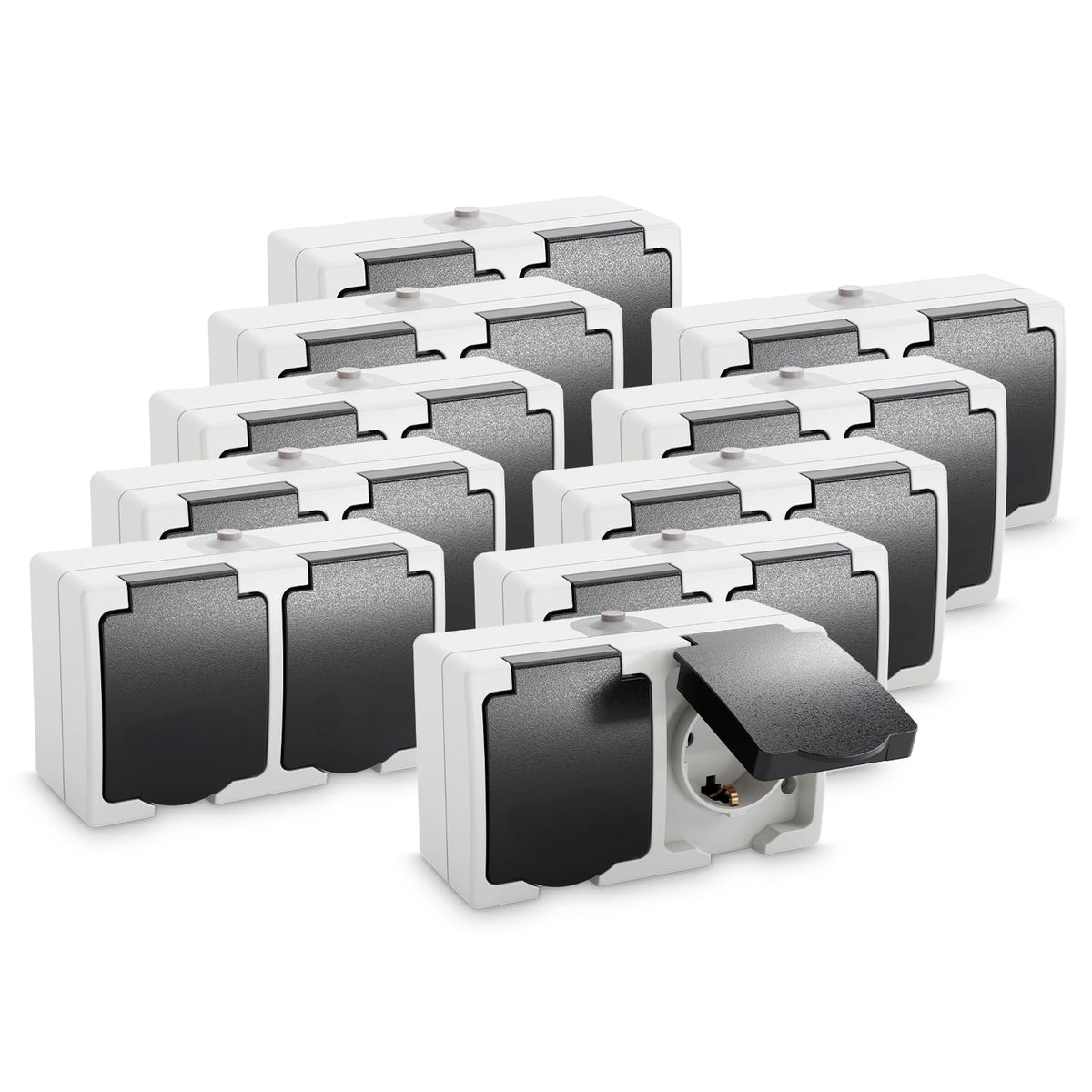greate Feuchtraumsteckdose Aufputz 2-fach IP54, 10er-Set – graue Doppelsteckdose mit Klappdeckel