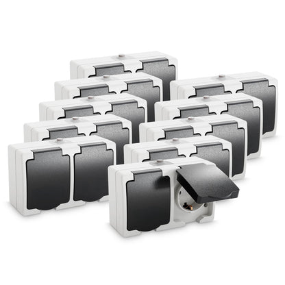 greate Feuchtraumsteckdose Aufputz 2-fach IP54, 10er-Set – graue Doppelsteckdose mit Klappdeckel