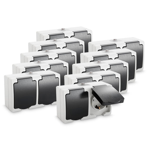 greate Feuchtraumsteckdose Aufputz 2-fach IP54, 10er-Set – graue Doppelsteckdose mit Klappdeckel