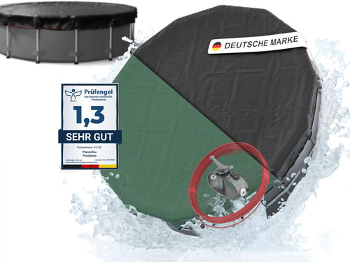 Planenfux Poolabdeckung rund 450 cm – Solar Ganzjährig. Runde Solarfolie deckt den Pool ab, heizt das Wasser und schützt ganzjährig.