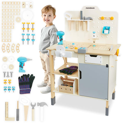 mamabrum Grosse Holzwerkstatt XXL - Kinder Holzwerkbank. Mit Ablagen, Schraubstock. Fördert Rollenspiel u. Feinmotorik.