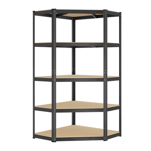 SONGMICS Eckregal GLR080B01, Schwerlastregal aus Metall mit 5 Ebenen in Tintenschwarz-Naturbeige