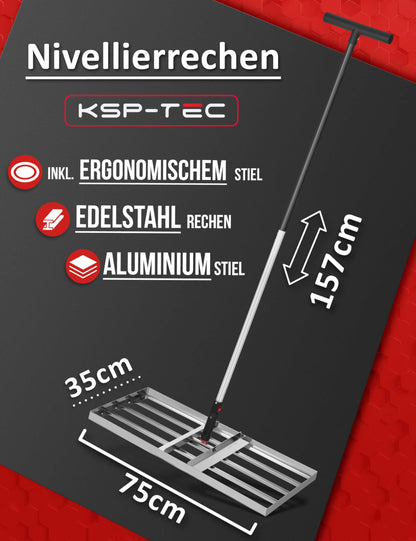 KSP-TEC Rasenrakel Edelstahl 75x35 cm Nivellierrechen mit Stiel