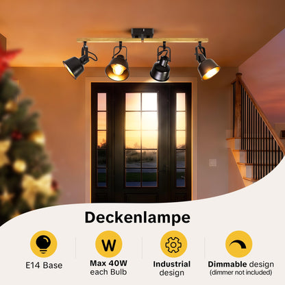Aulaiyi Deckenstrahler 4-flammig schwenkbar E14 Vintage Holzmaserung