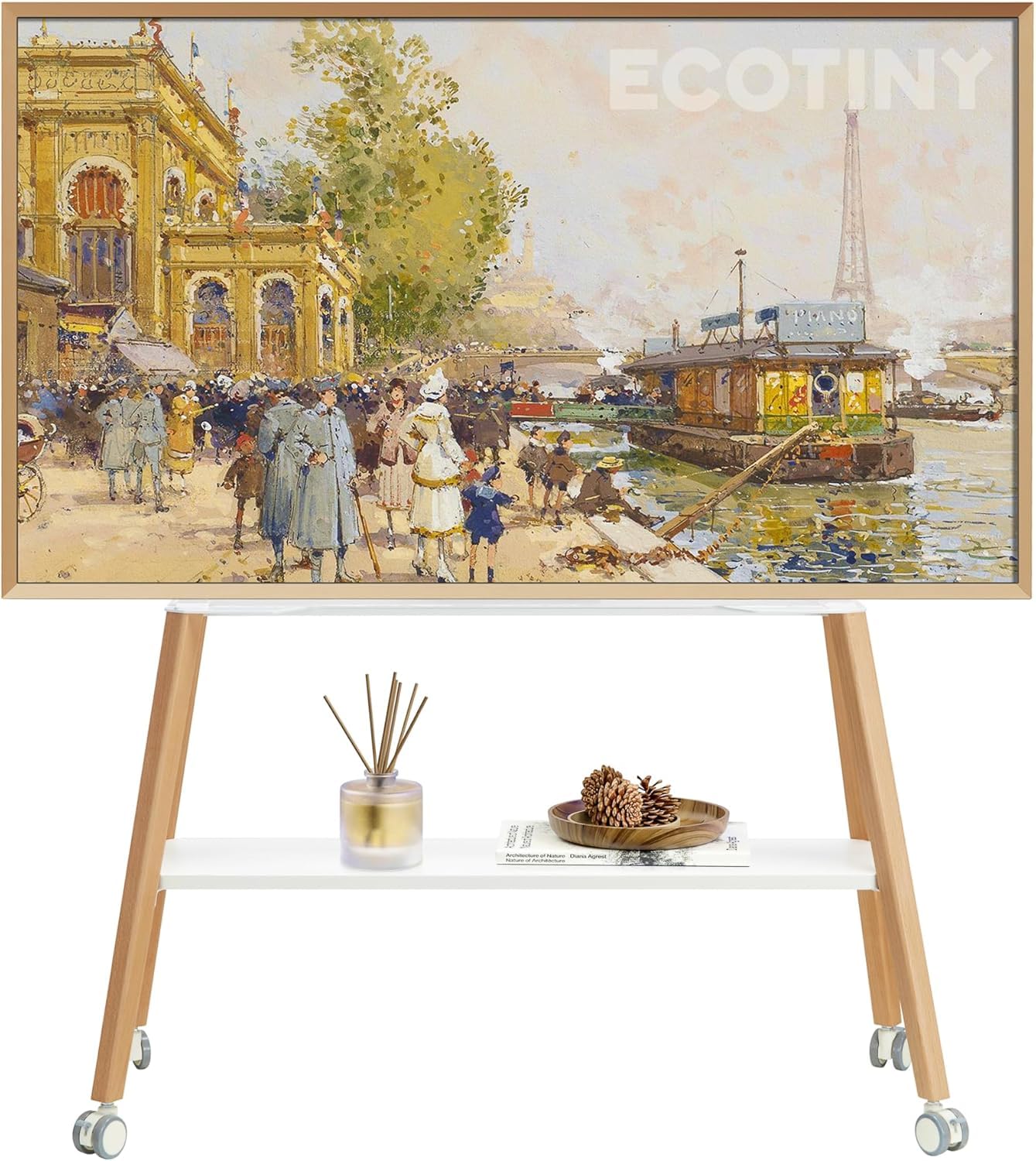 ECOTINY Easel Design TV Ständer mit Rollen – 49-75 Zoll. Staffelei-Design, rollbar. Hält 49-75 Zoll TVs für flexible Platzierung.
