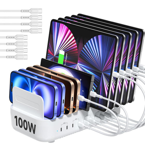 SooPii Multi-Ladestation 10 Port USB C 100W PD – Weiss. Weiße Station mit 10 USB-C Ports lädt mehrere Geräte gleichzeitig.