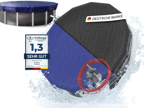 Planenfux 2-in-1 Poolabdeckung Rundplane für Pool Ø 500-550 cm. Blaue Plane zum Schutz vor Schmutz & Witterung, ganzjährig nutzbar.