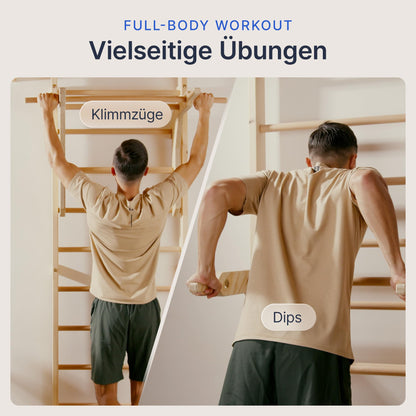 gurkler Sprossenwand mit Klimmzugstange und Dip Extension