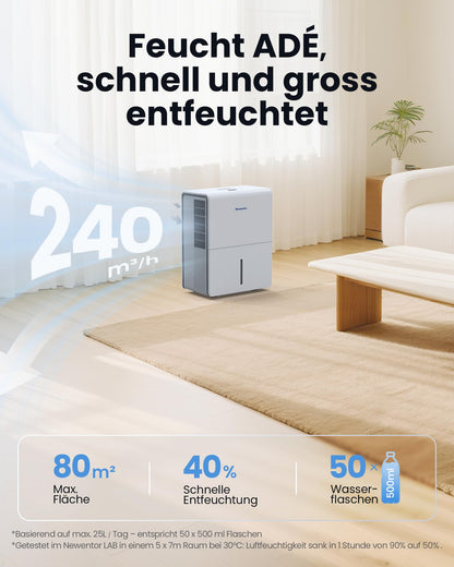 Newentor Luftentfeuchter 25L/24h für 80m², 295W, mit Ablaufschlauch