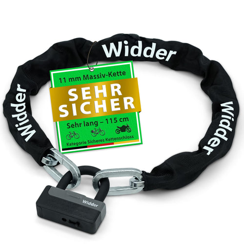 Widder Titan-Stahl Kettenschloss Level 15 Motorrad Fahrrad - 115cm 11mm. Schwarze Titan-Stahlkette sichert Motorräder/Fahrräder.