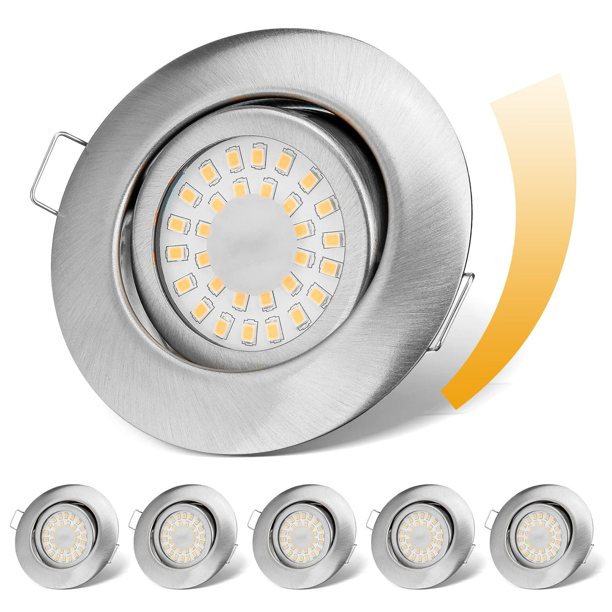 cloksh LED Einbaustrahler 6W dimmbar schwenkbar IP44 6er Set mit flachem, gebürstetem Aluminiumrahmen
