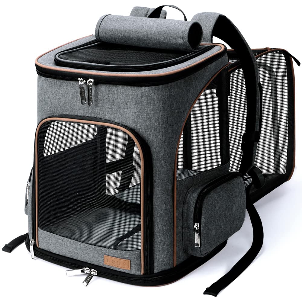 Lekesky Katzen-Hunderucksack erweiterbar - Grau XL (bis 10kg). Erweiterbarer Rucksack mit Belüftungsfenstern zum Tiertransport.
