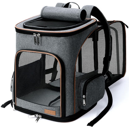 Lekesky Katzen-Hunderucksack erweiterbar - Grau XL (bis 10kg). Erweiterbarer Rucksack mit Belüftungsfenstern zum Tiertransport.