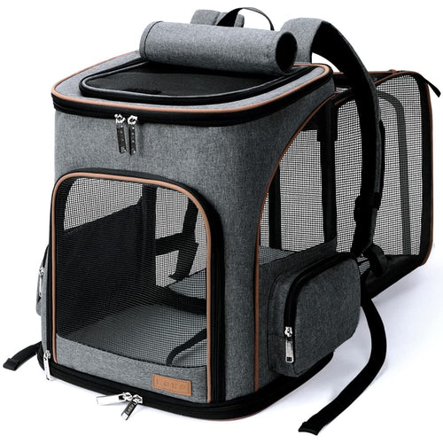 Lekesky Katzen-Hunderucksack erweiterbar - Grau XL (bis 10kg). Erweiterbarer Rucksack mit Belüftungsfenstern zum Tiertransport.