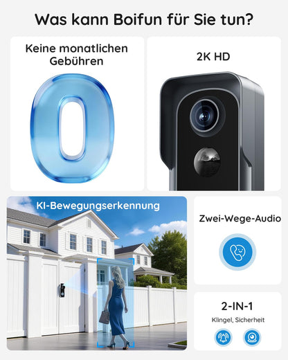 BOIFUN WLAN Video Türklingel mit Kamera 2K, Nachtsicht und Chime, J1