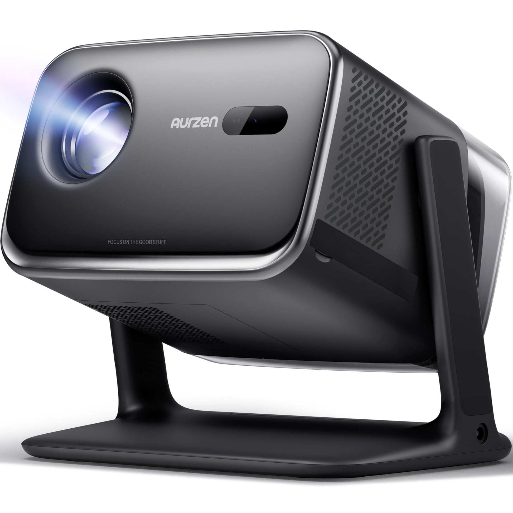 Aurzen Boom Mini Smart Beamer Google TV 4K Heimkino – Schwarz. Kompakter, schwarzer Beamer für 4K-Heimkino mit Google TV.