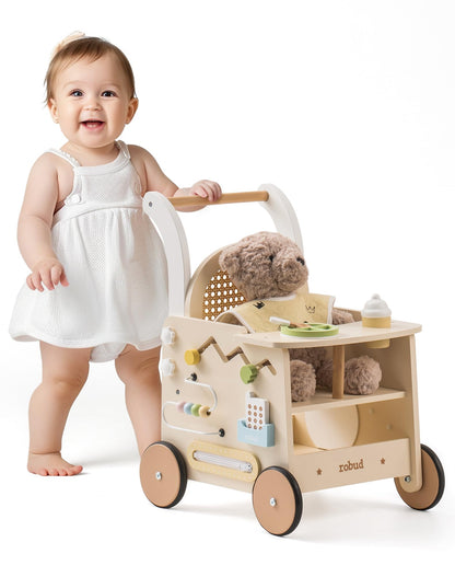 ROBUD Holz Lauflernwagen 2-in-1 - Puppenwagen Montessori Board