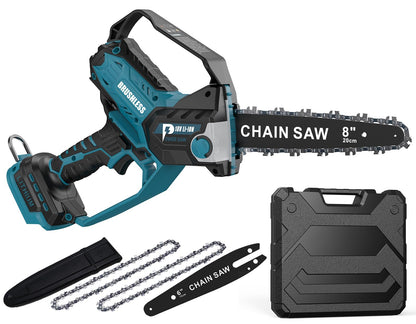 Makita-kompatible Akku Kettensäge bürstenlos 8 Zoll – Werkzeug. Blaue, kompakte Akku-Kettensäge mit 8 Zoll Schwert zum effizienten Schneiden von Holz.
