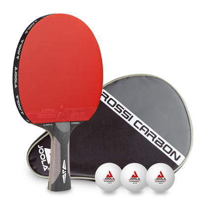 JOOLA Rosskopf Carbon Tischtennisschläger Wettkampf. Rote/schwarze Beläge, konkaver Griff. Für präzises, schnelles Wettkampftischtennis.