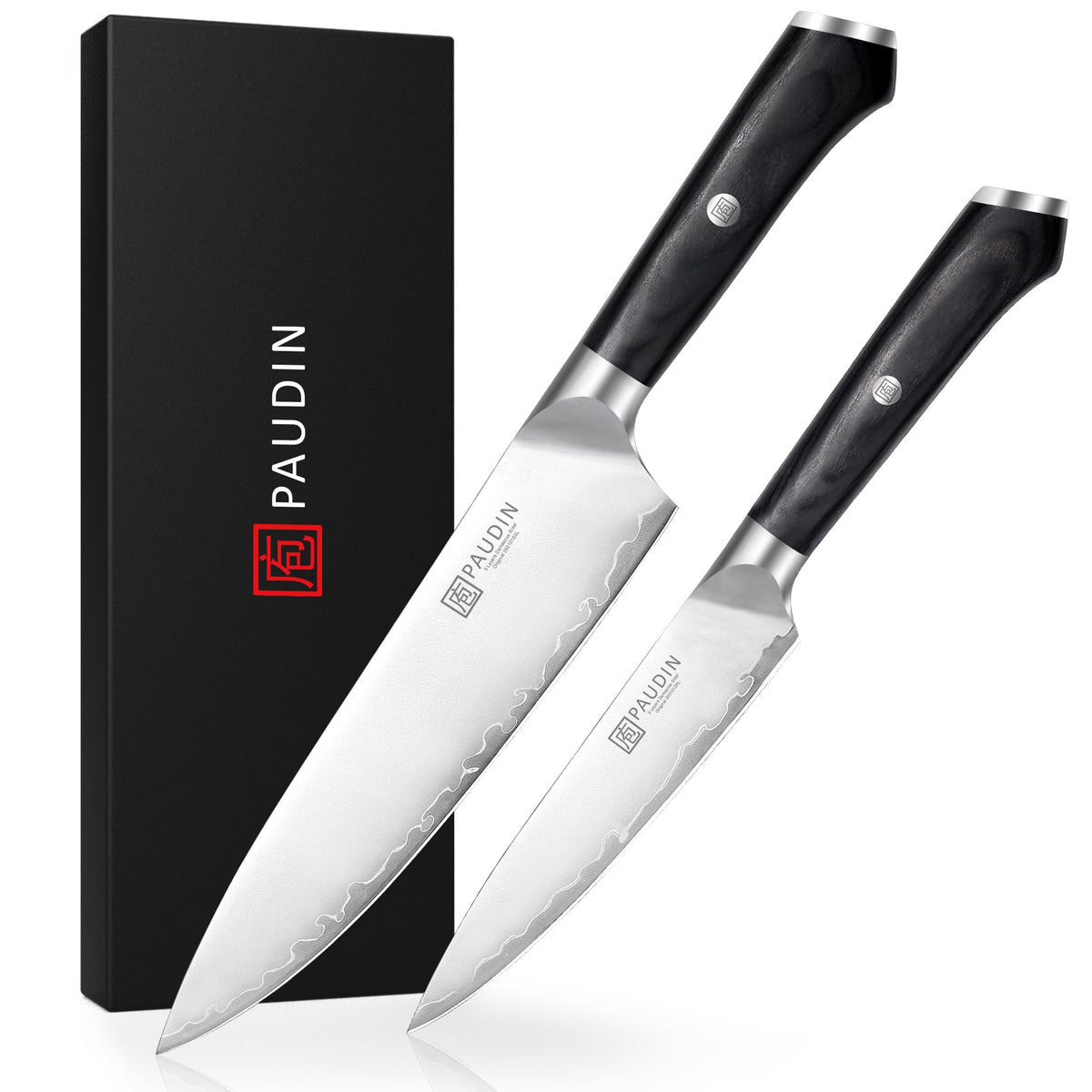 PAUDIN Messerset 2-teilig, Kochmesser 20 cm & Allzweckmesser 12,7 cm mit schwarzem Holzgriff