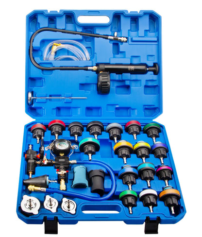 ProfiLine Kühlsystemtester Abdrückgerät Set - 28-teilig. Set mit Manometer, Handpumpe und Adaptern im robusten Koffer zur Lecksuche am Kfz-Kühlsystem.