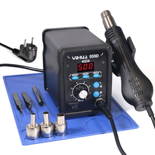 YIHUA 959D Heissluft SMD Lötstation – 700W EU Stecker. Kompaktes, dunkles Gehäuse. Für präzises Heissluftlöten/Entlöten von SMD-Bauteilen.