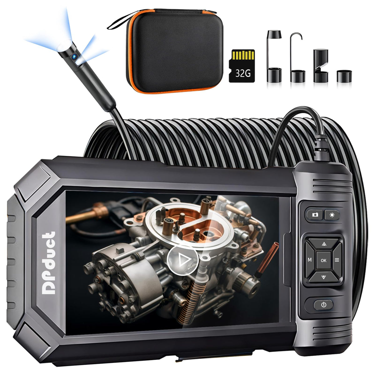 DPduct Endoskopkamera HD808B-10M Dual Lens mit Licht, 10 m, schwarz mit 5-Zoll-IPS-Display und LED-Beleuchtung