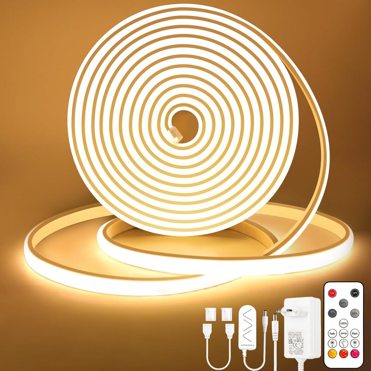 Lamomo COB LED Streifen 10m warmweiss 3000K dimmbar mit Fernbedienung, flexibles Silikonband für innen und aussen