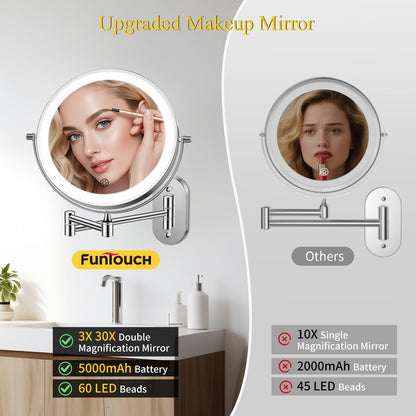 FUNTOUCH Kosmetikspiegel mit Beleuchtung, 3X/30X, Wandmontage