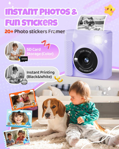 TIATUA Kinderkamera Sofortbildkamera X2 mit 32 GB Karte, lila