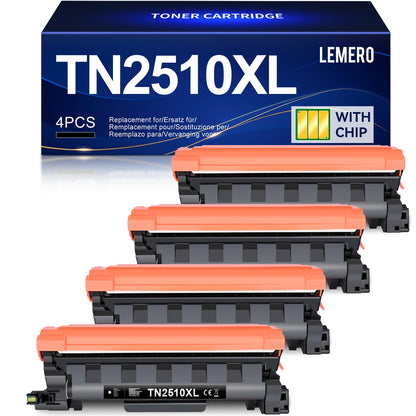 Lemero TN2510 TN2510XL Toner für Brother, 4er-Pack, Schwarz mit Chip – vier schwarze Tonerkartuschen